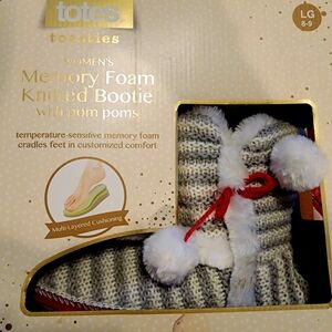 Totes Women's Memory Foam Knitted Bootie with Pom Poms